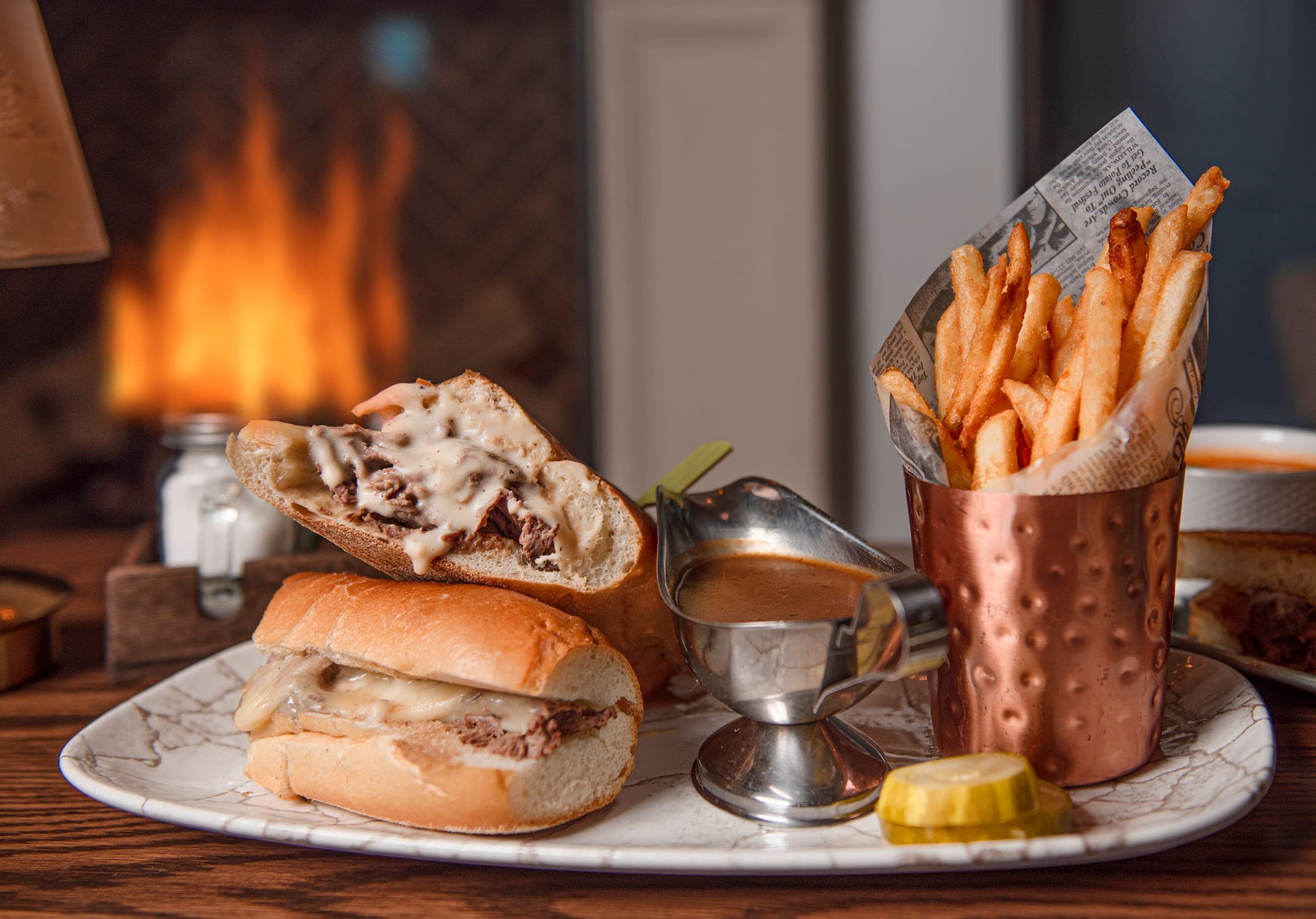 The French dip roast beef sandwich for takeout from The Jockey Tavern, Malvern, PA