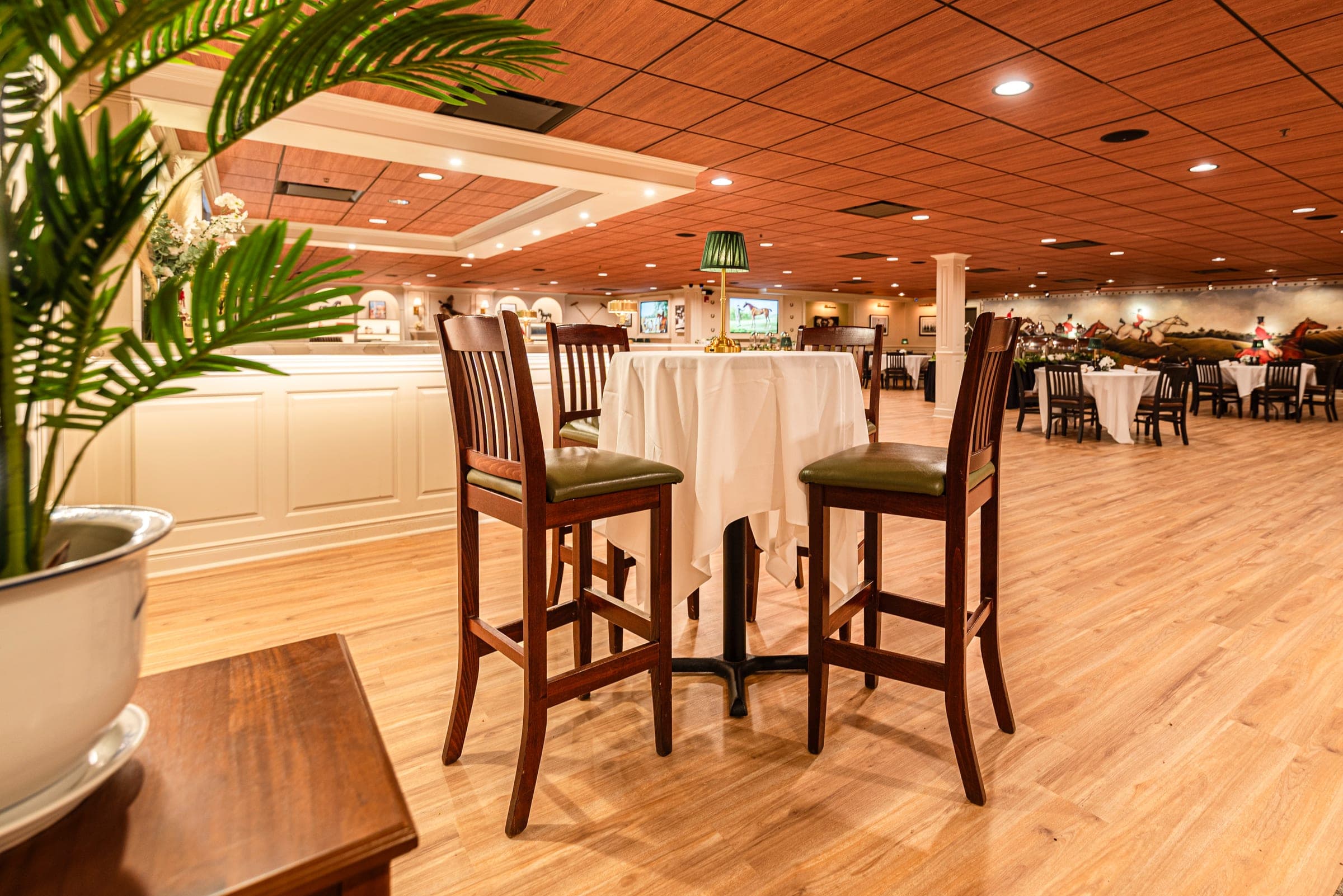 The Polo Lounge set with banquet tables for a private event at The Jockey Tavern, Malvern, PA